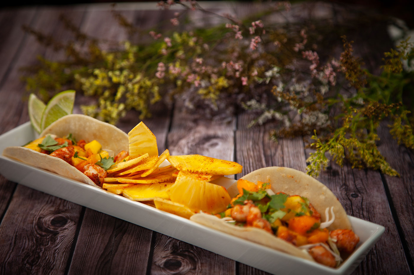 Shrimp Tacos with Fresh Fruit Salsa and Spiced Ulu Chips